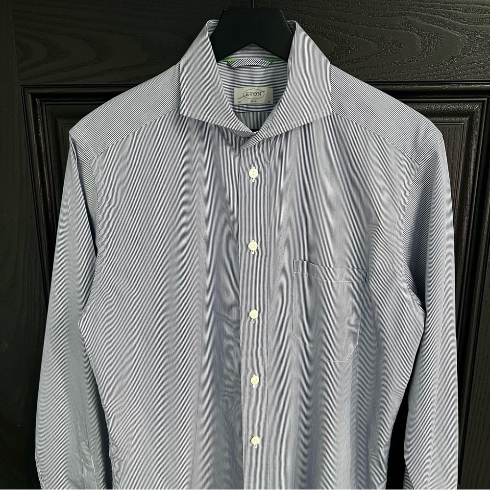 ETON Men’s Striped Cutaway Collar Dress Shirt Size M Slim Blue White